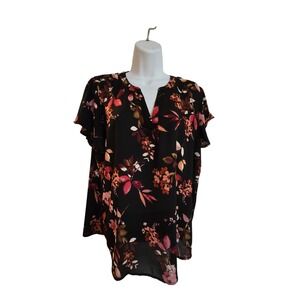 Maurices Black Floral Print V Neck Short Sleeve Tunic Top Size L /0223